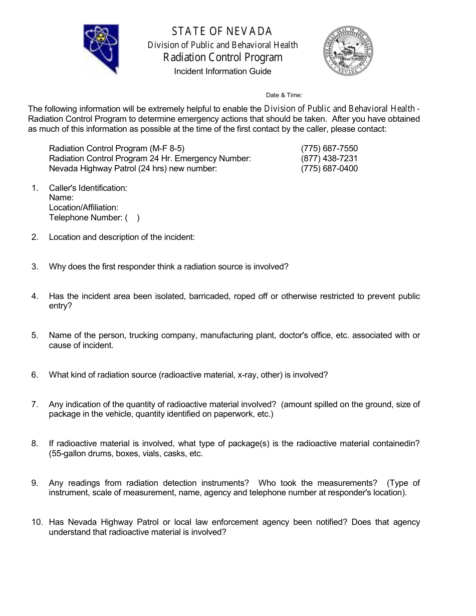 Incident Information Guide - Radiation Control Program - Nevada, Page 1