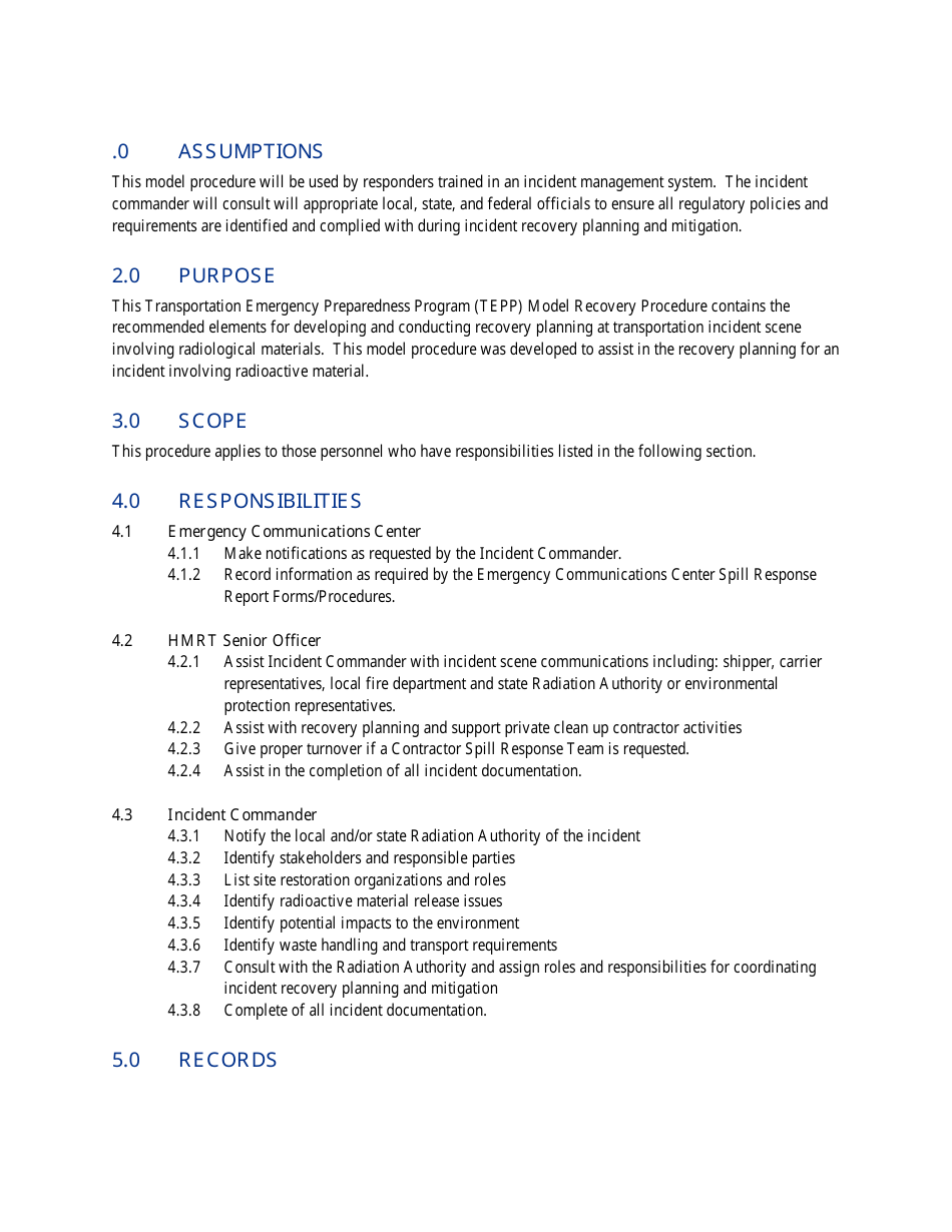 Model Recovery Procedure for Response to Radiological Transportation Incident - Transportation Emergency Preparedness Program (Tepp) - Nevada, Page 1