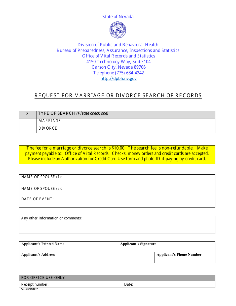 Marriage or Divorce Records Search Request - Nevada, Page 1