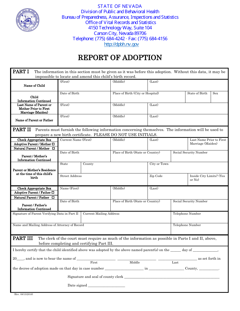 Nevada Report of Adoption Download Printable PDF Templateroller