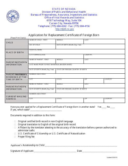 Application for Replacement Certificate of Foreign Born - Nevada Download Pdf
