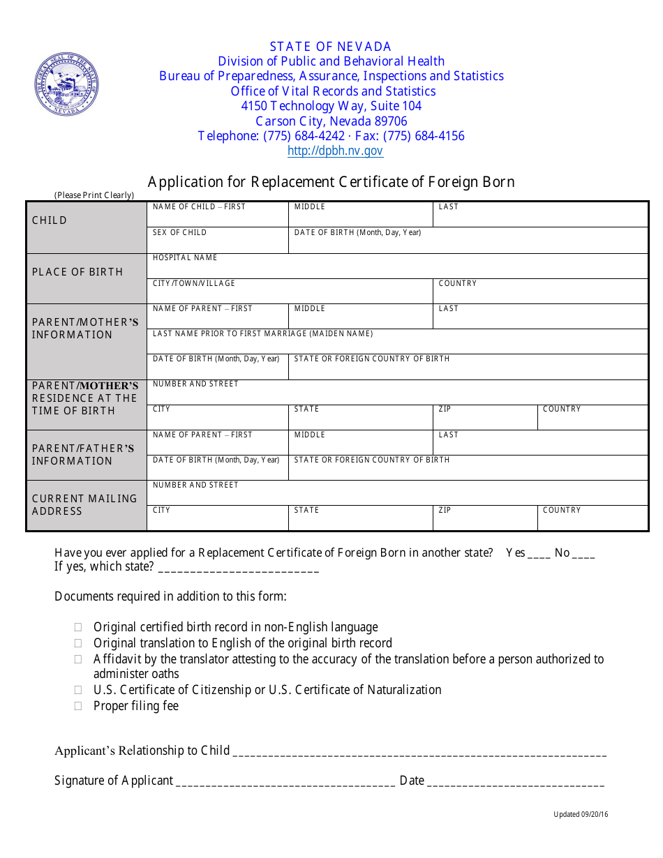 Application for Replacement Certificate of Foreign Born - Nevada, Page 1