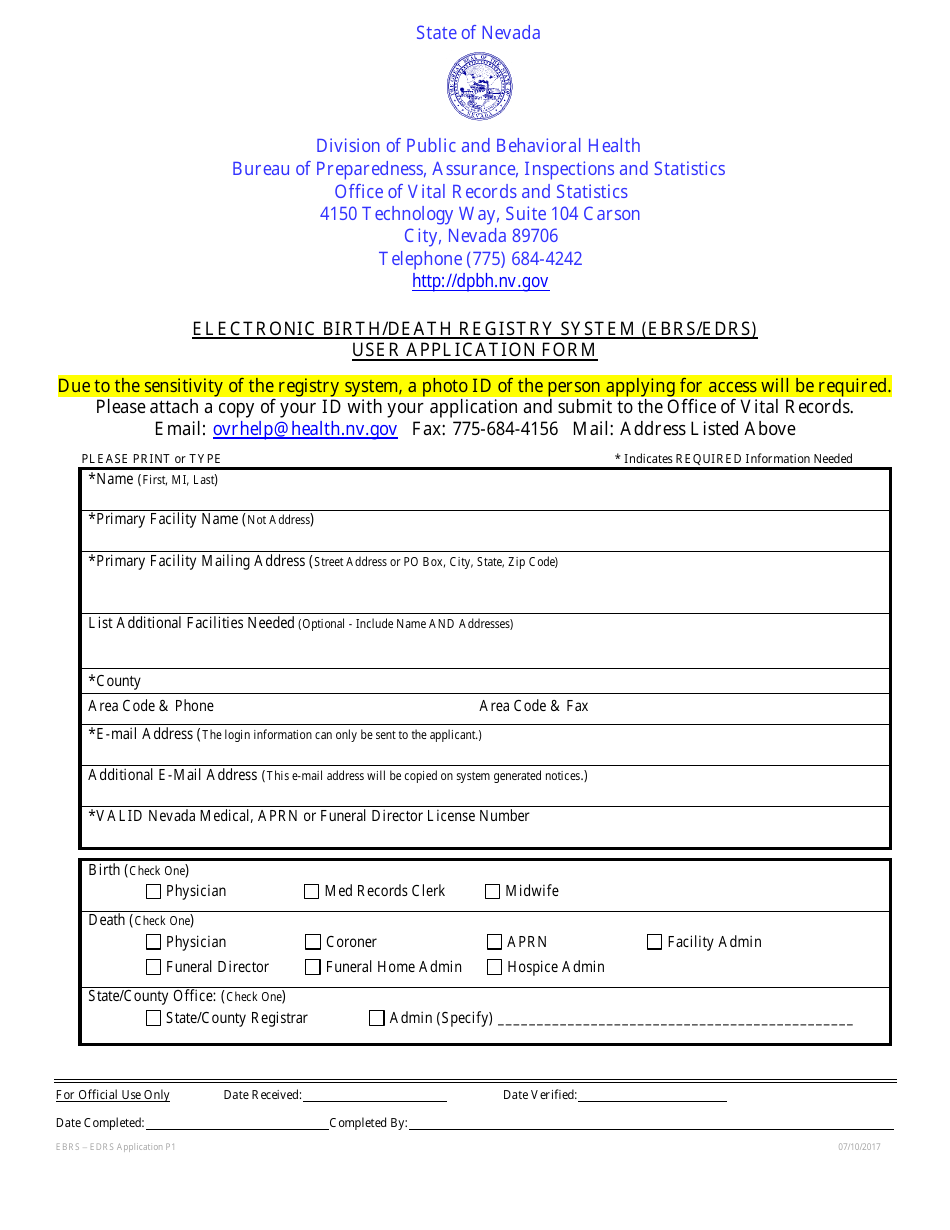 Electronic Birth / Death Registry System (Ebrs / Edrs) User Application Form - Nevada, Page 1