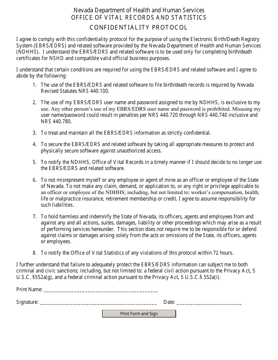 Electronic Birth / Death Registry System (Ebrs / Edrs) User Application Form - Nevada, Page 2