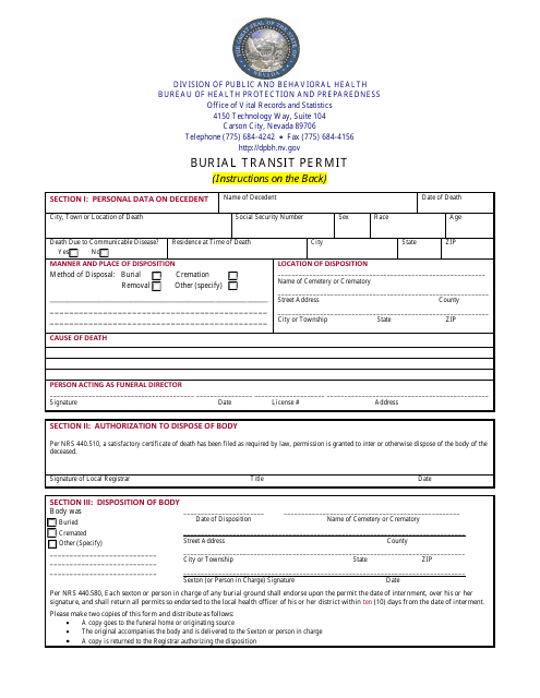 Burial Transit Permit Form - Nevada Download Pdf