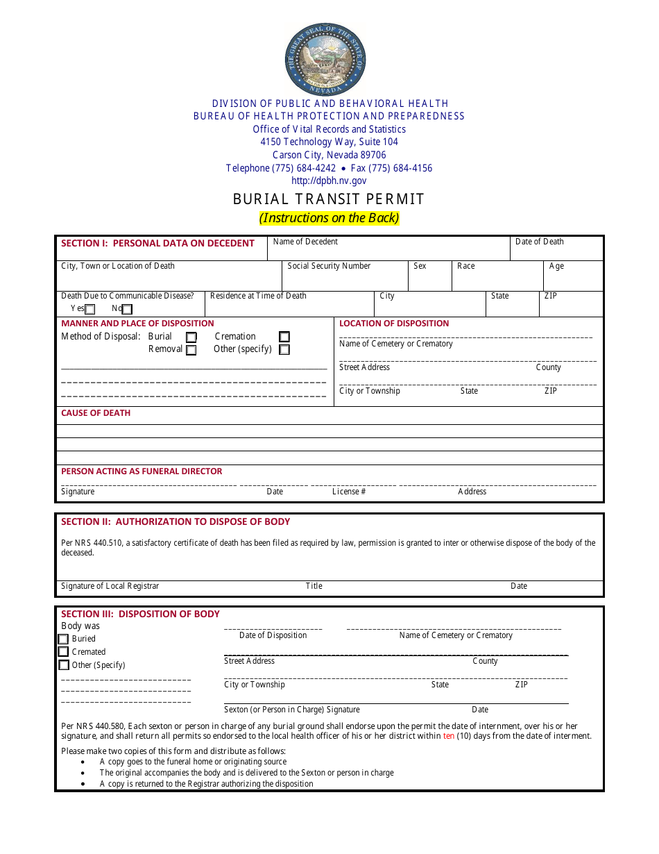 Burial Transit Permit Form - Nevada, Page 1