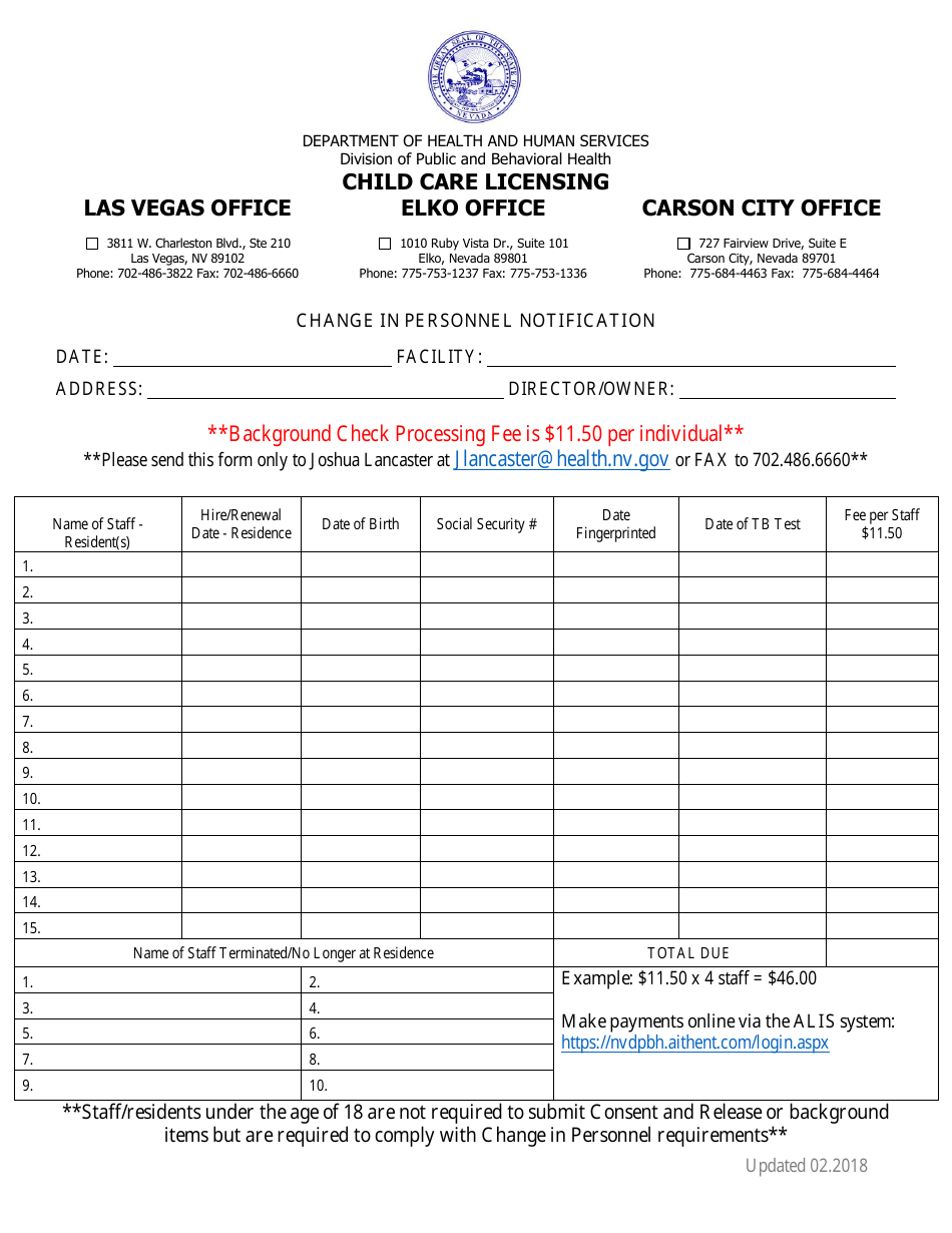 Change in Personnel Notification Form - Nevada, Page 1