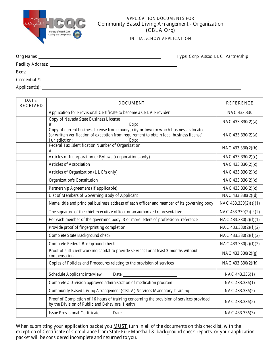 Checklist for Community-Based Living Arrangement Applications - Community Based Living Arrangement - Organization - Nevada, Page 1