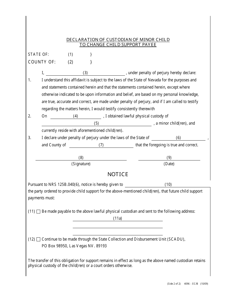 Instructions for Form 4096-EC / A Declaration of Custodian of Minor Child to Change Child Support Payee - Nevada, Page 2
