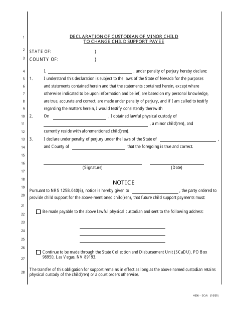 Form 4096-EC/A Declaration of Custodian of Minor Child to Change Child Support Payee - Nevada