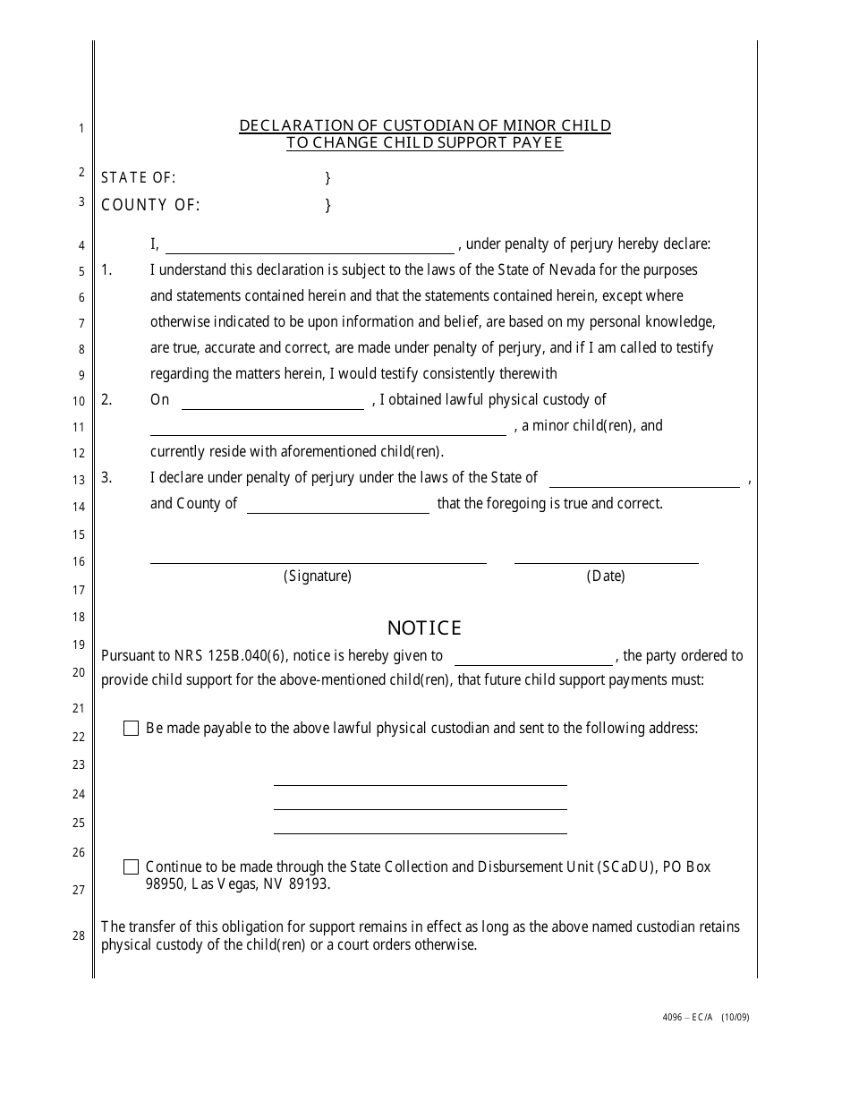 Form 4096-EC / A Declaration of Custodian of Minor Child to Change Child Support Payee - Nevada, Page 1