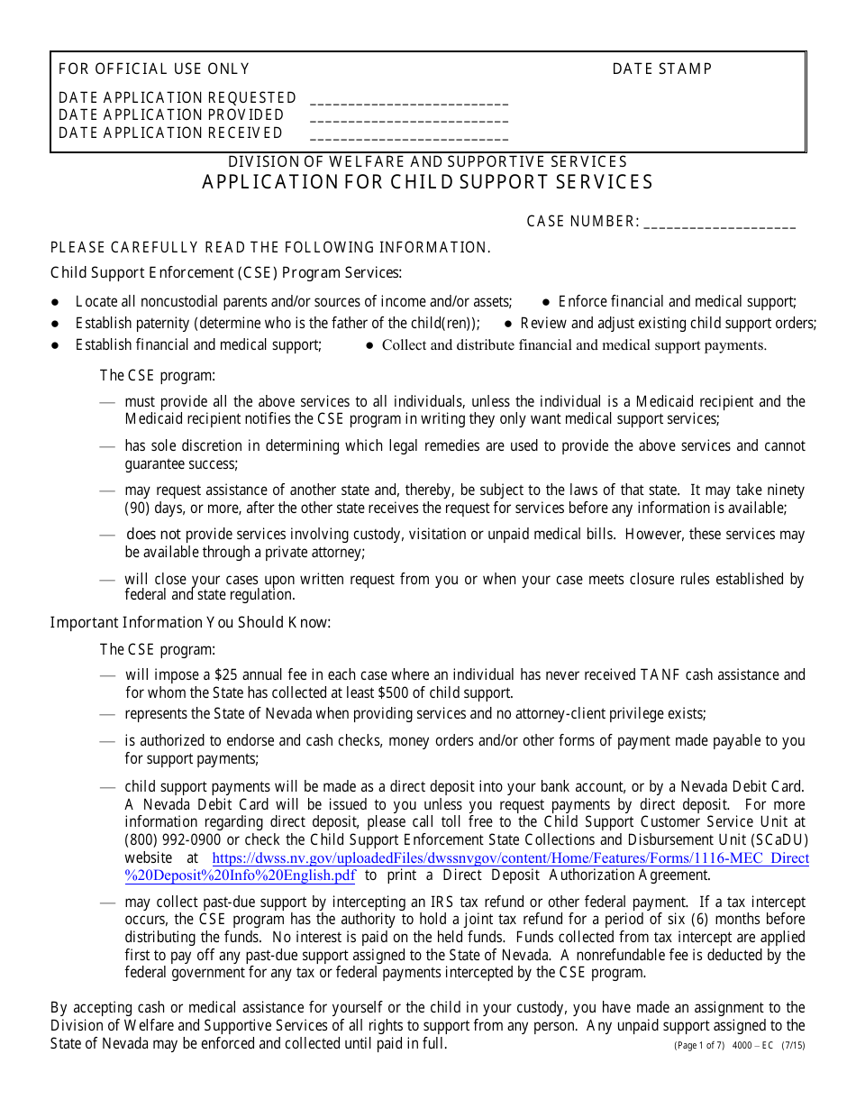Form 4000-EC Application for Child Support Services - Nevada, Page 1