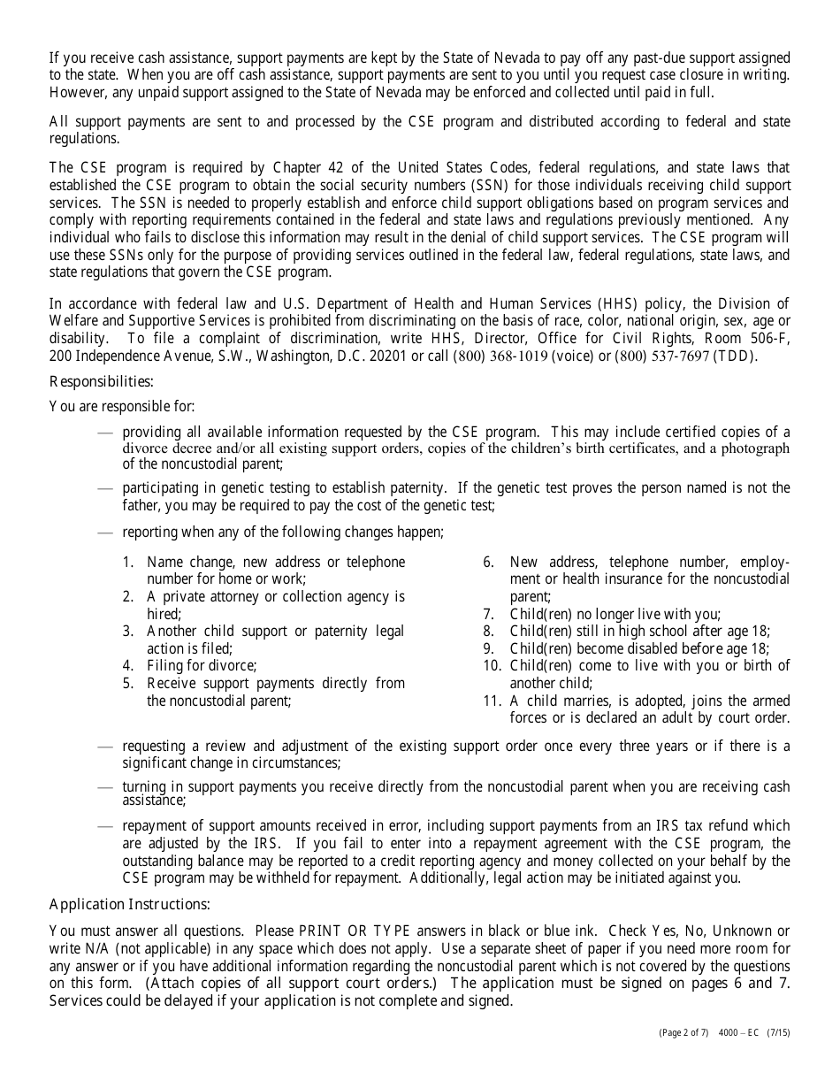 Form 4000-EC Application for Child Support Services - Nevada, Page 2