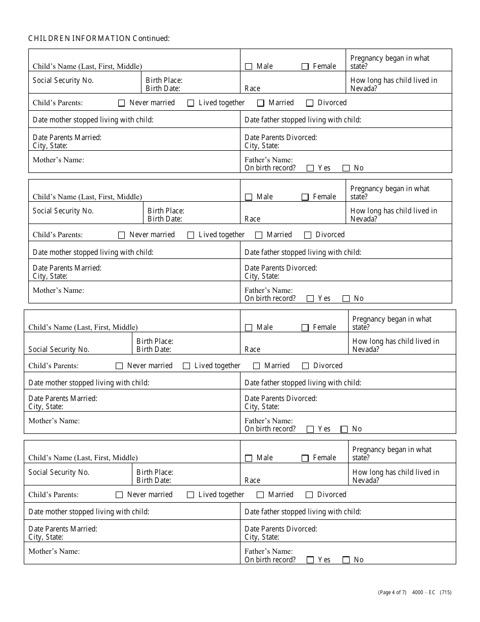 Form 4000-EC Application for Child Support Services - Nevada, Page 4