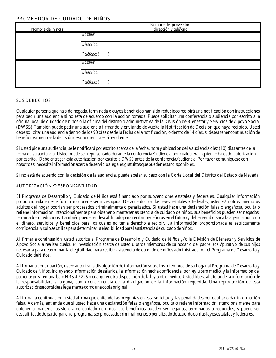 Formulario 2151-WCS Solicitud De Asistencia De Cuidado De Ninos - Nevada (Spanish), Page 6