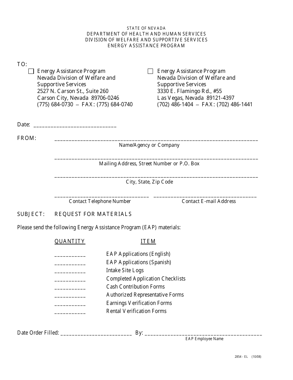 Form 2854-EL Request for Materials - Energy Assistance Program - Nevada, Page 1
