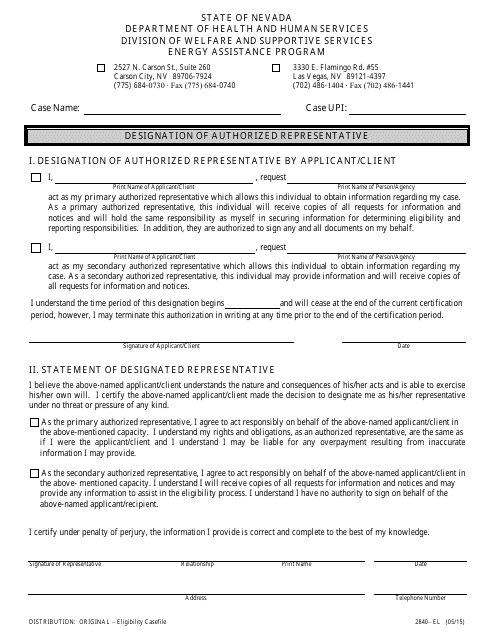 Form 2840-EL Designation of Authorized Representative - Energy Assistance Program - Nevada