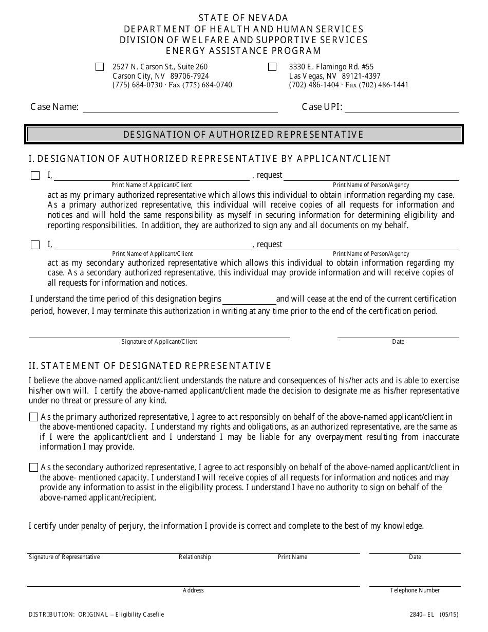 Form 2840-EL Designation of Authorized Representative - Energy Assistance Program - Nevada, Page 1