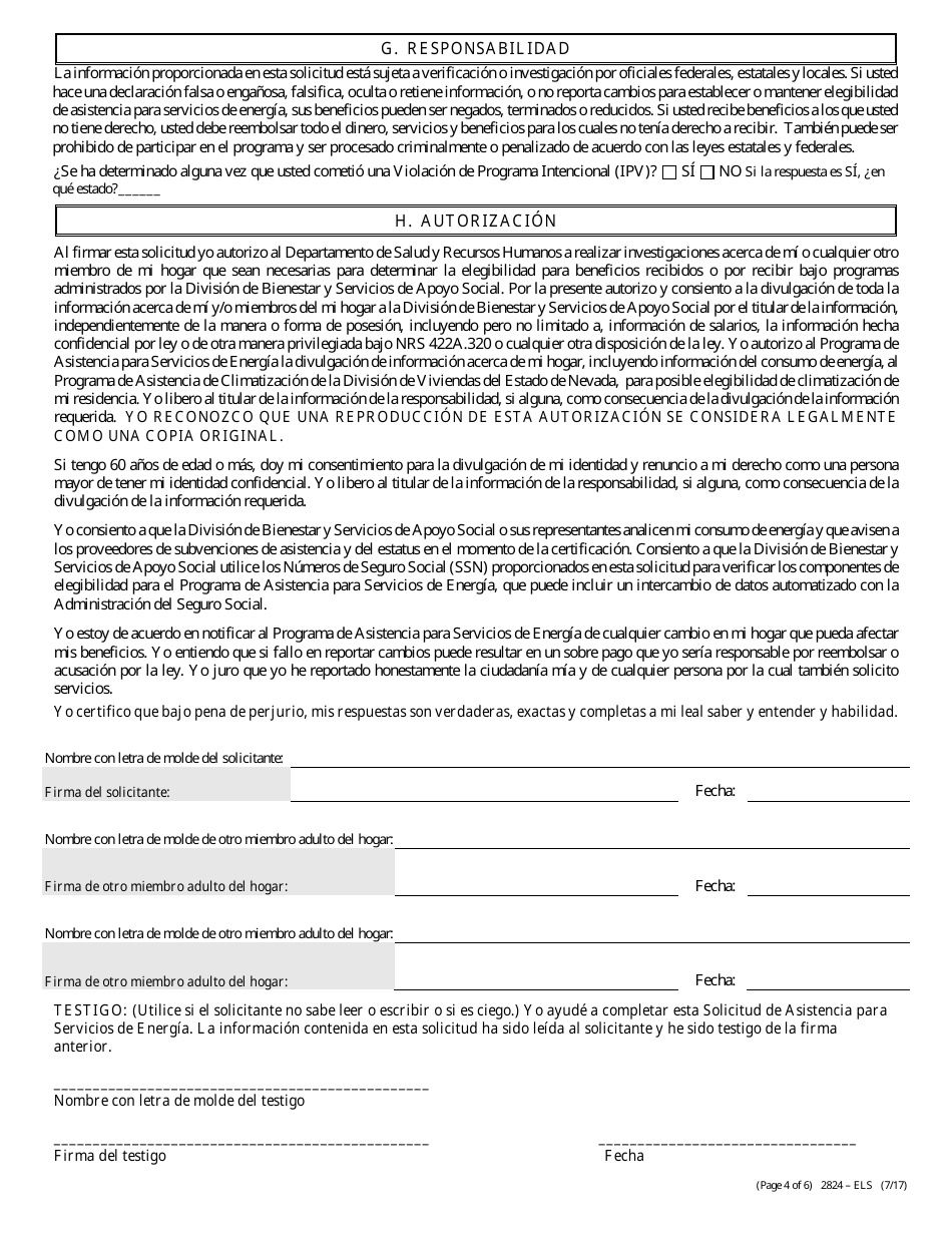 Formulario 2824-ELS Solicitud De Asistencia Para Servicios De Energia - Nevada (Spanish), Page 6