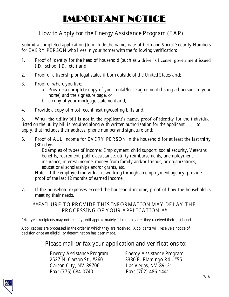 Form 2824-EL Application for Assistance - Energy Assistance Program - Nevada, Page 1