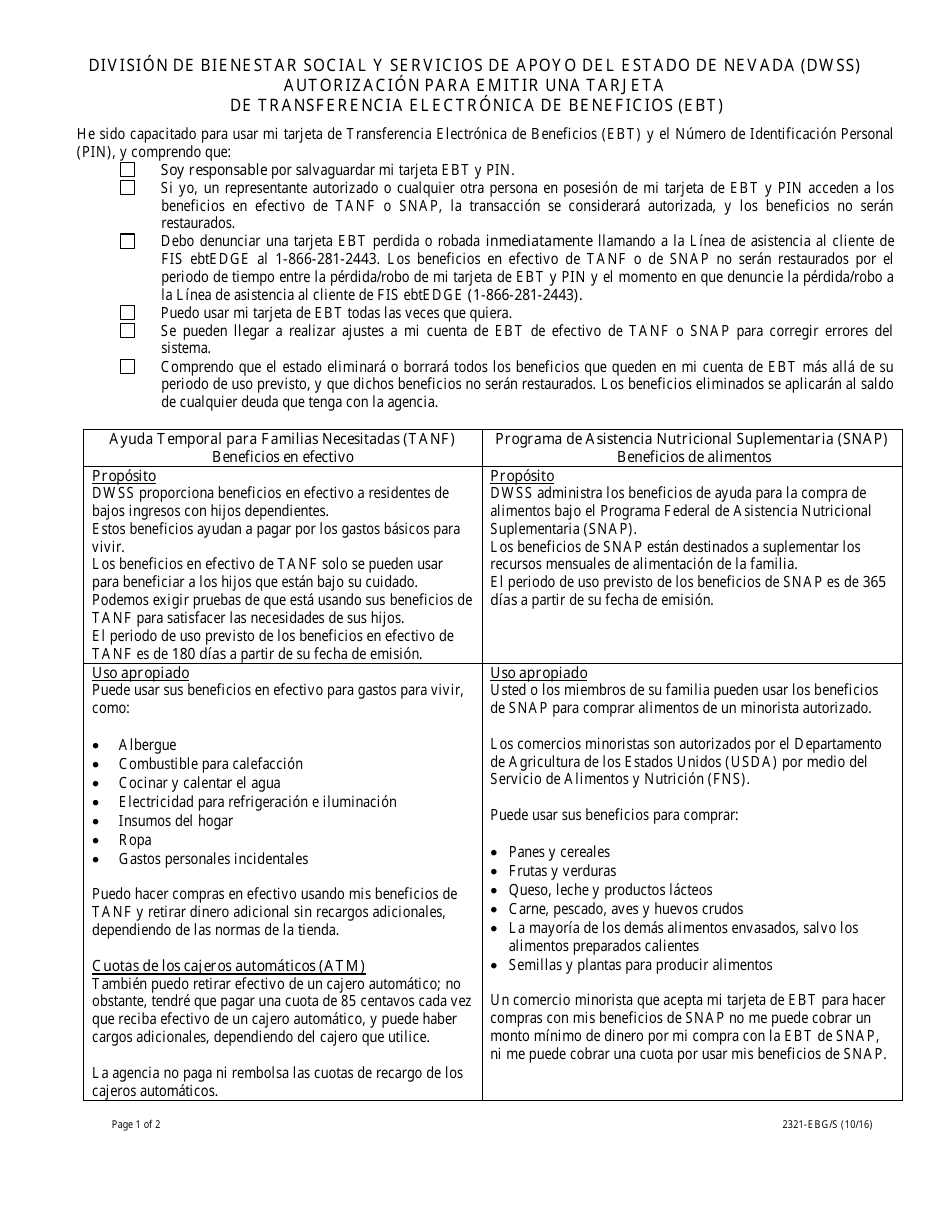 Formulario 2321-EGB Autorizacion Para Emitir Una Tarjeta De Transferencia Electronica De Beneficios (Ebt) - Nevada (Spanish), Page 1