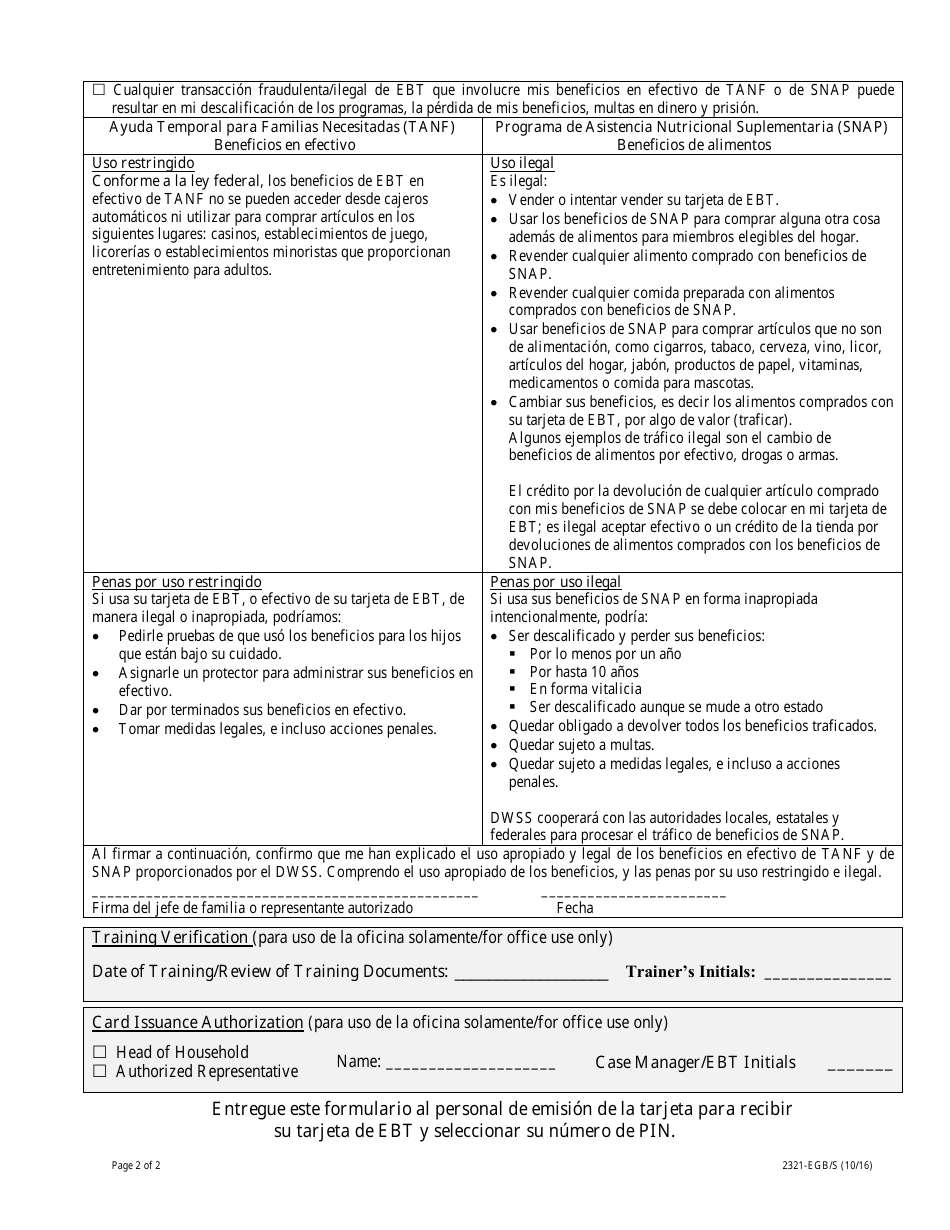 Formulario 2321-EGB Autorizacion Para Emitir Una Tarjeta De Transferencia Electronica De Beneficios (Ebt) - Nevada (Spanish), Page 2
