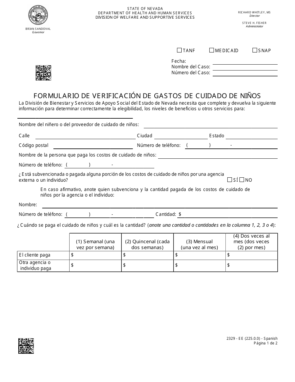 Formulario 2329-EE Formulario De Verificacion De Gastos De Cuidado De Ninos - Nevada (Spanish), Page 1