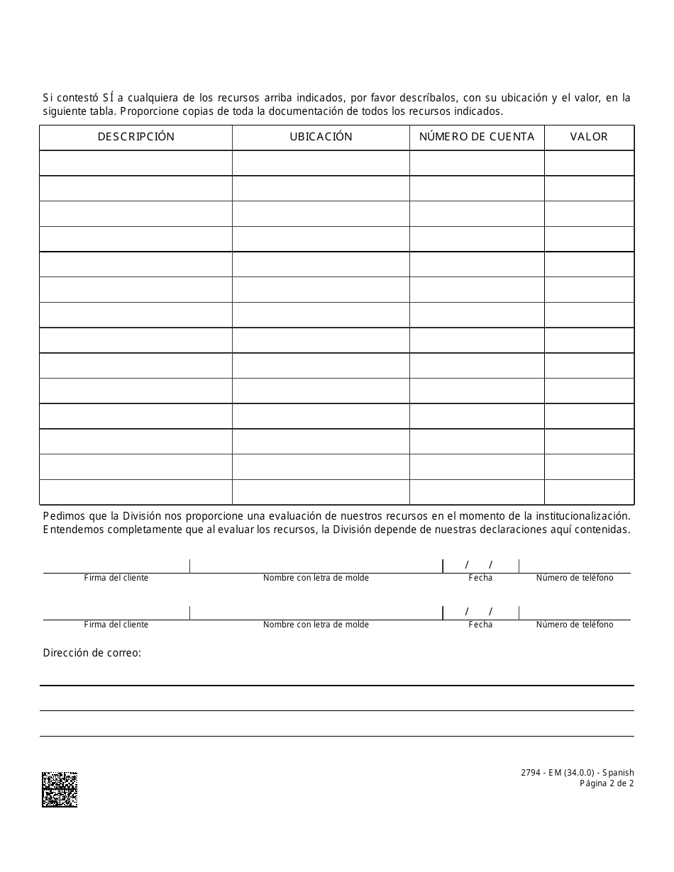 Formulario 2794-EM Peticion De Evaluacion De Recursos - Nevada (Spanish), Page 2