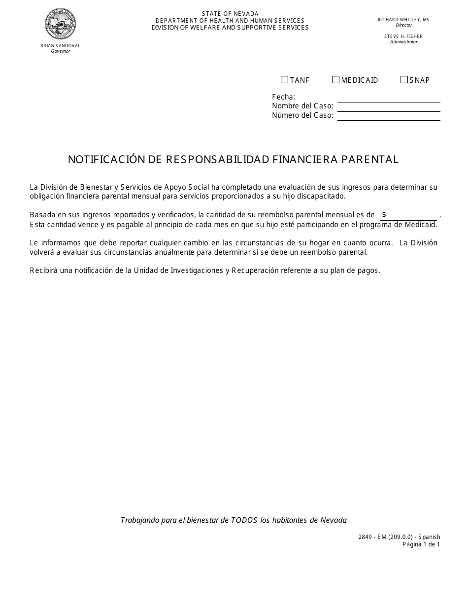 Formulario 2849-EM Notificacion De Responsabilidad Financiera Parental - Nevada (Spanish), Page 1