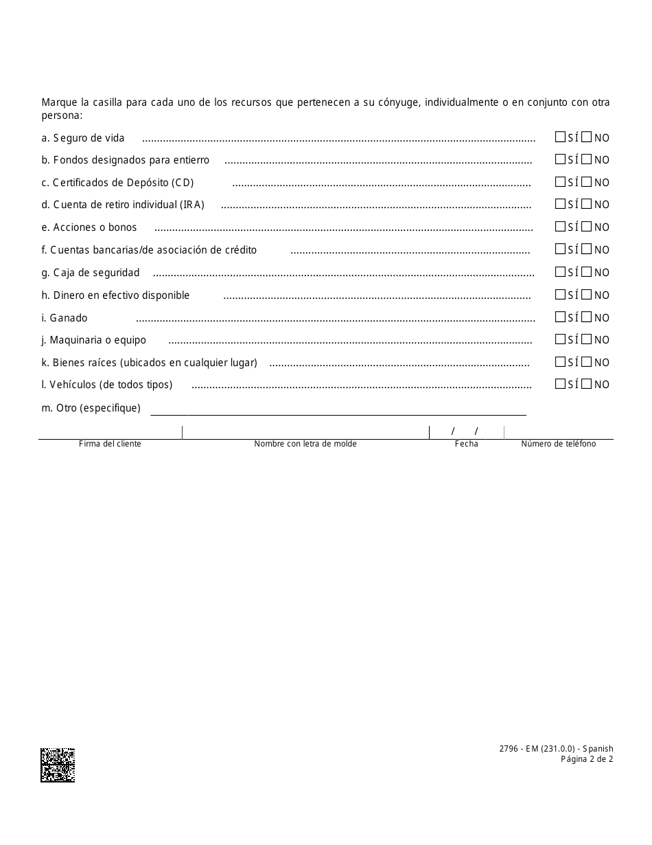 Formulario 2796-EM Cuestionario De Vivienda, Ingresos Y Recursos Del Conyuge - Nevada (Spanish), Page 2