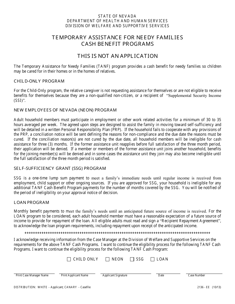 Form 2136-EE Temporary Assistance for Needy Families - Cash Benefit Programs - Nevada, Page 1