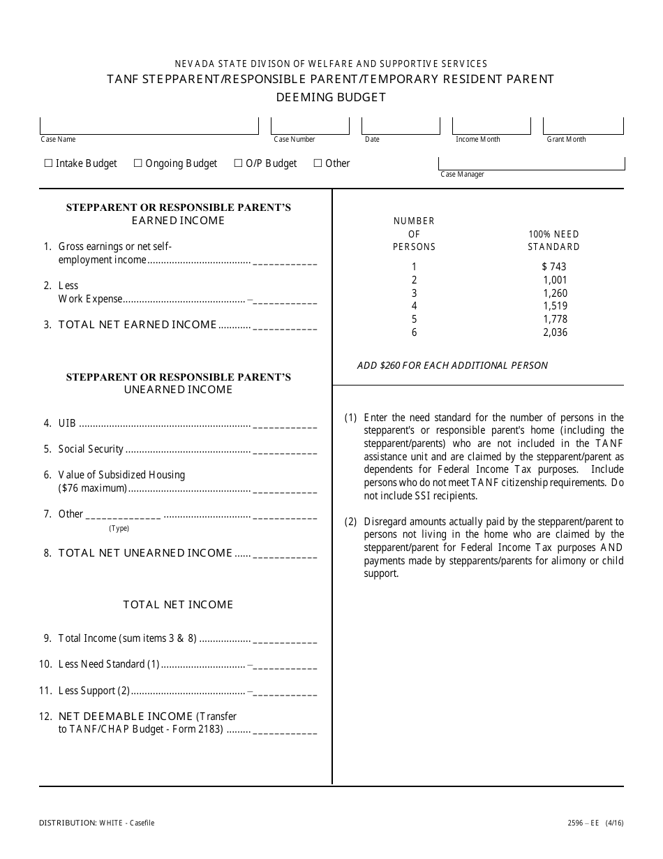 Form 2596-EE TANF Stepparent / Responsible Parent / Temporary Resident Parent Deeming Budget - Nevada, Page 1