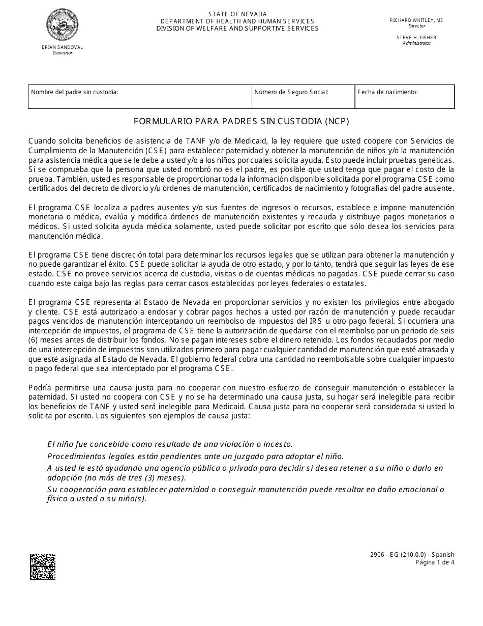 Formulario 2906-EG Formulario Para Padres Sin Custodia (Ncp) - Nevada (Spanish), Page 1