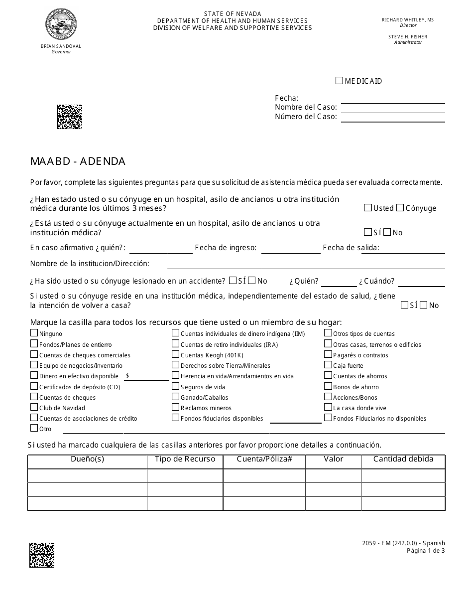 Formulario 2059-EM Maabd - Adenda - Nevada (Spanish), Page 1