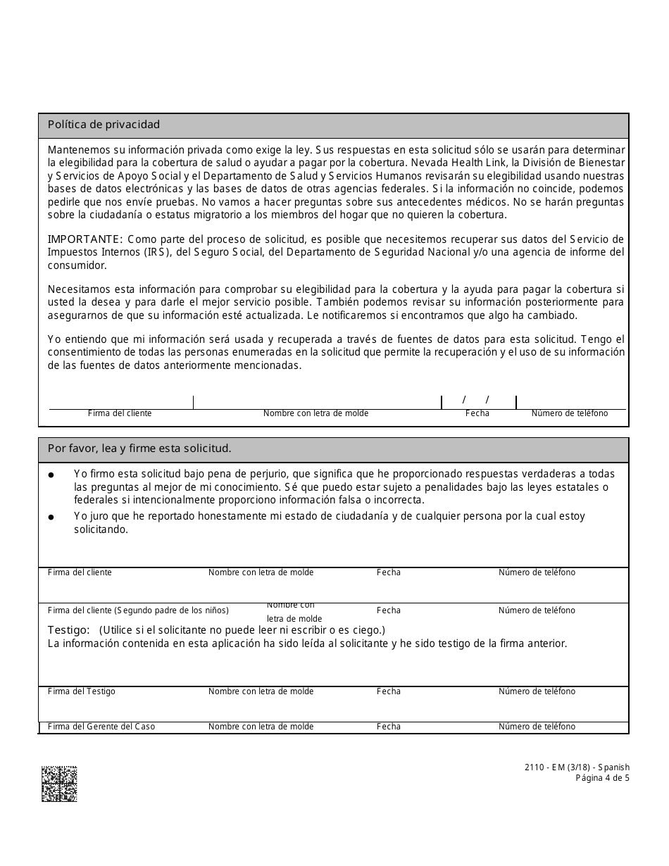 Formulario 2110-EM Asistencia Medica - Adenda - Nevada (Spanish), Page 4