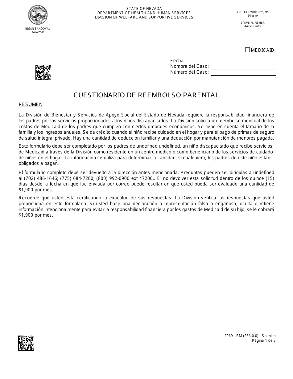 Formulario 2069-EM Cuestionario De Reembolso Parental - Nevada (Spanish), Page 1