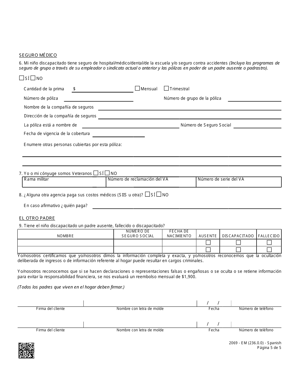 Formulario 2069-EM Cuestionario De Reembolso Parental - Nevada (Spanish), Page 5