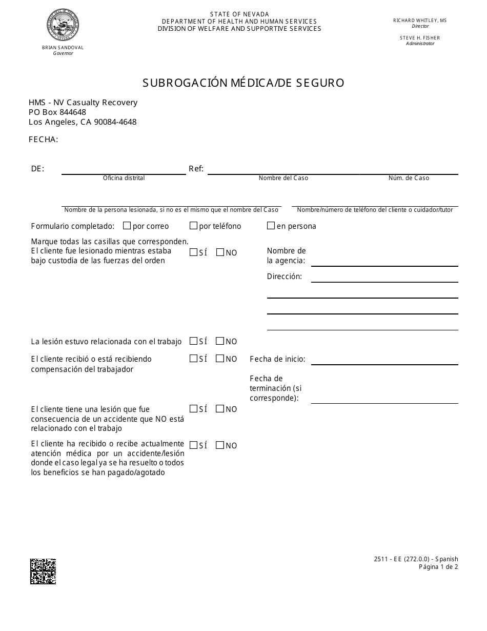 Formulario 2511-EE Subrogacion Medica / De Seguro - Nevada (Spanish), Page 1