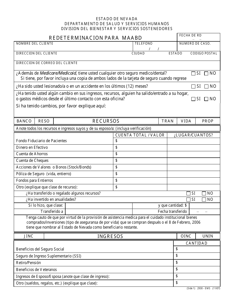 Formulario 2930-EMS Redeterminacion Para Maabd - Nevada (Spanish), Page 1