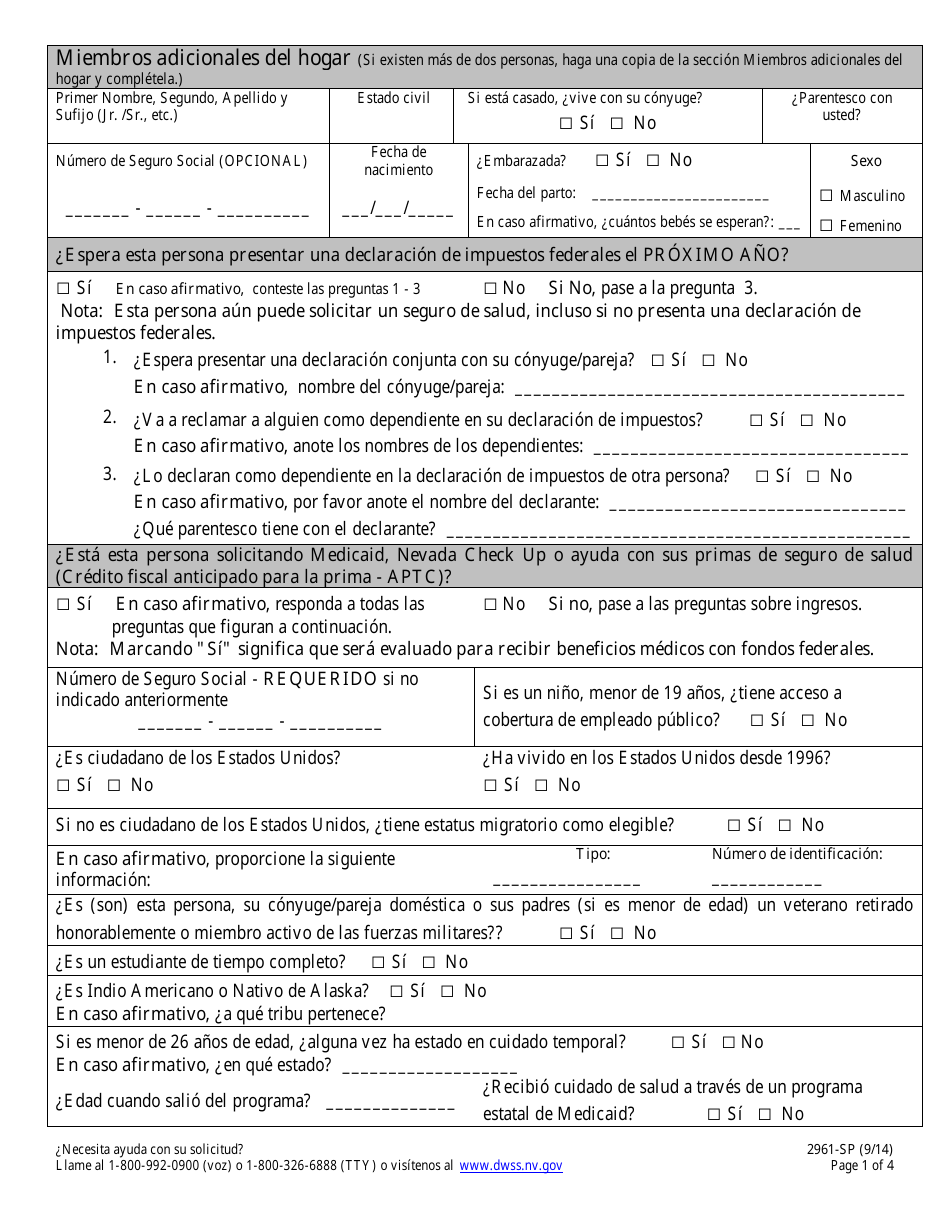Formulario 2961-SP Solicitud De Seguro De Salud - Miembros Adicionales Del Hogar - Nevada (Spanish), Page 1