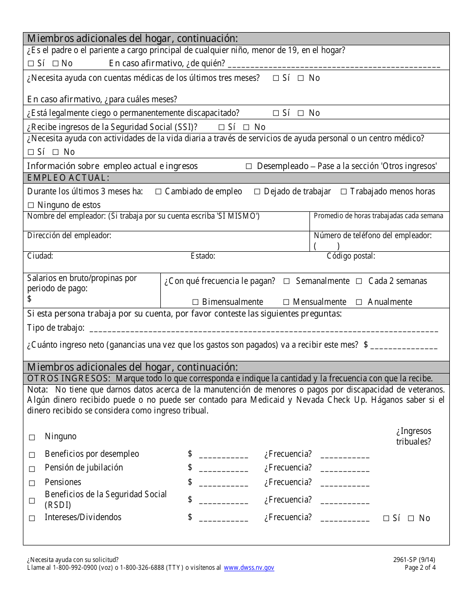 Formulario 2961-SP Solicitud De Seguro De Salud - Miembros Adicionales Del Hogar - Nevada (Spanish), Page 2