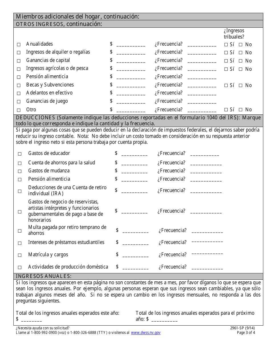Formulario 2961-SP Solicitud De Seguro De Salud - Miembros Adicionales Del Hogar - Nevada (Spanish), Page 3