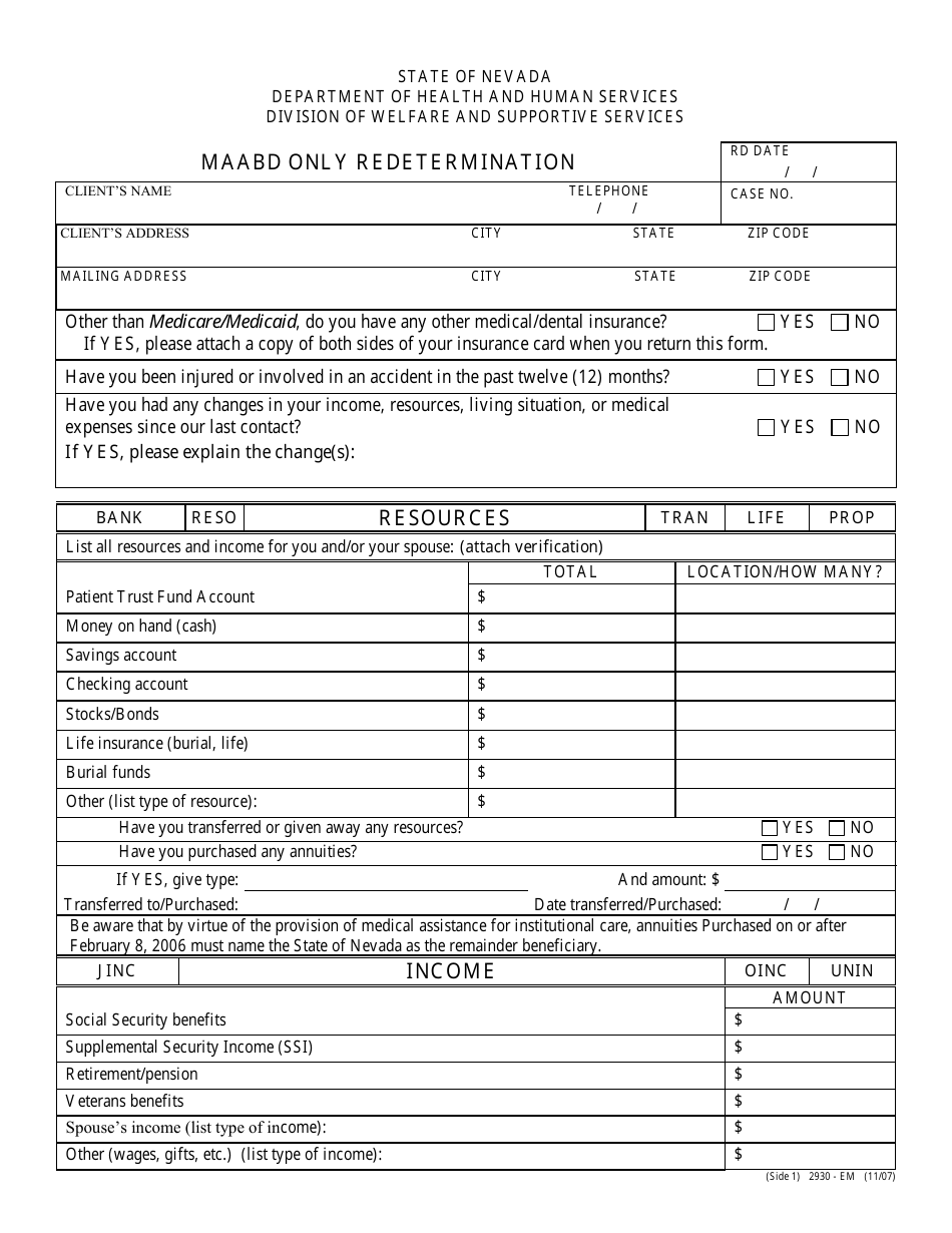 Form 2930-EM Maabd Only Redetermination - Nevada, Page 1