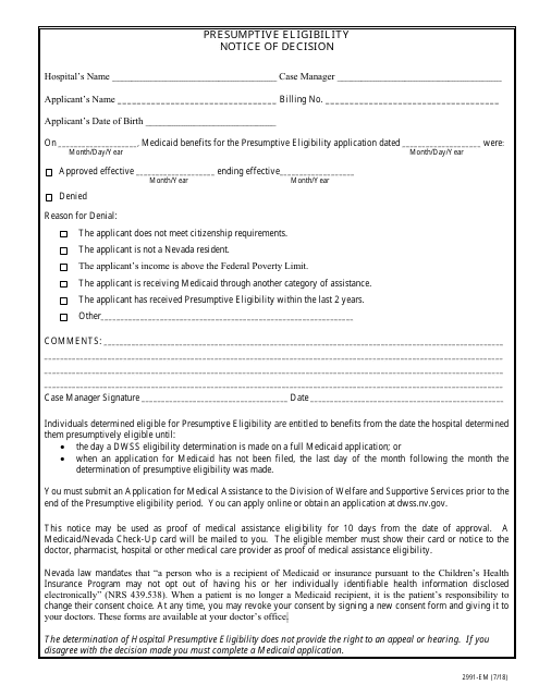 Form 2991-EM Notice of Decision - Presumptive Eligibility - Nevada