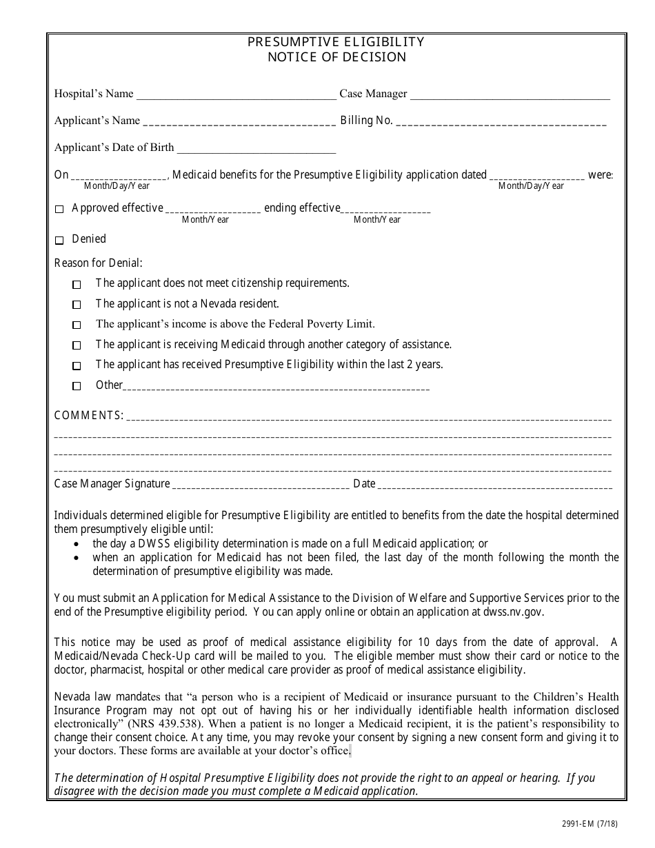 Form 2991-EM Notice of Decision - Presumptive Eligibility - Nevada, Page 1