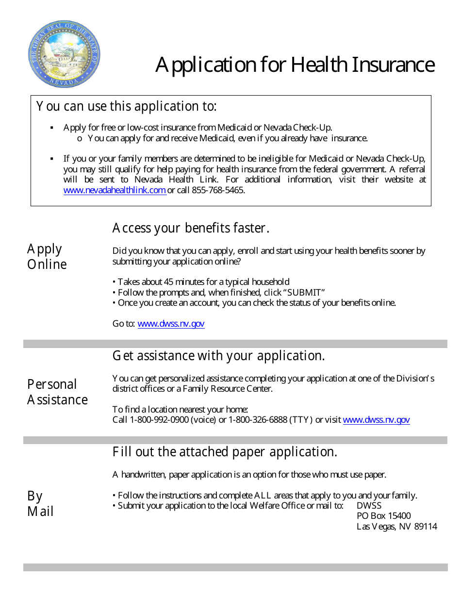 Form 2960-EG Application for Health Insurance - Nevada, Page 1