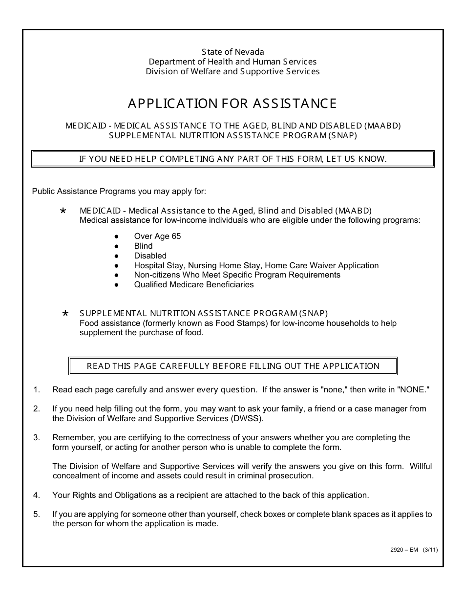 Form 2920-EM Application for Assistance - Medicaid, Maabd, Snap - Nevada, Page 1