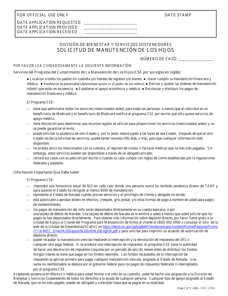 Formulario 4000-EC / S Solicitud De Manutencion De Los Hijos - Nevada (Spanish), Page 1