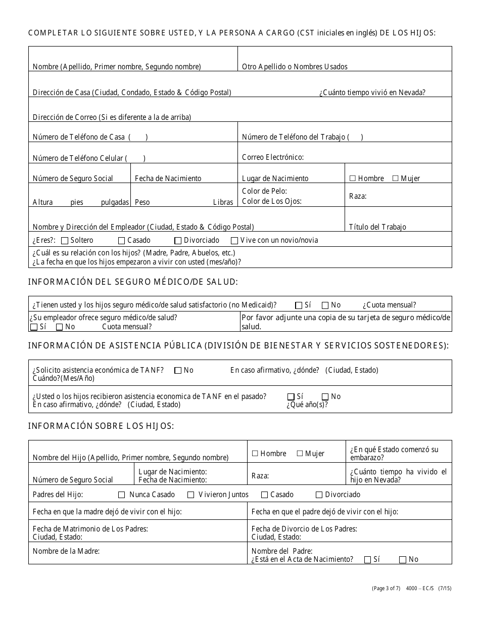 Formulario 4000-EC / S Solicitud De Manutencion De Los Hijos - Nevada (Spanish), Page 3