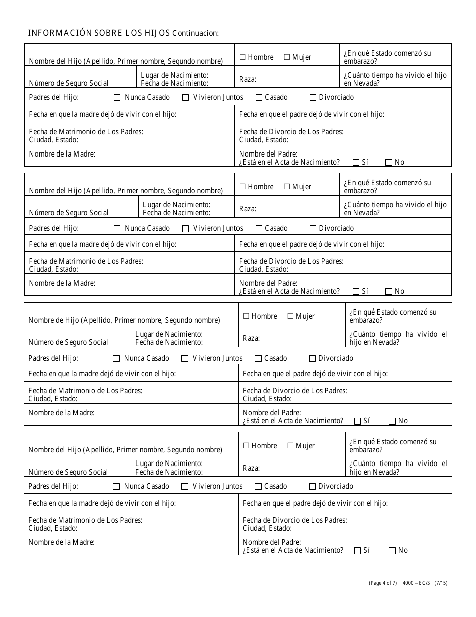 Formulario 4000-EC / S Solicitud De Manutencion De Los Hijos - Nevada (Spanish), Page 4
